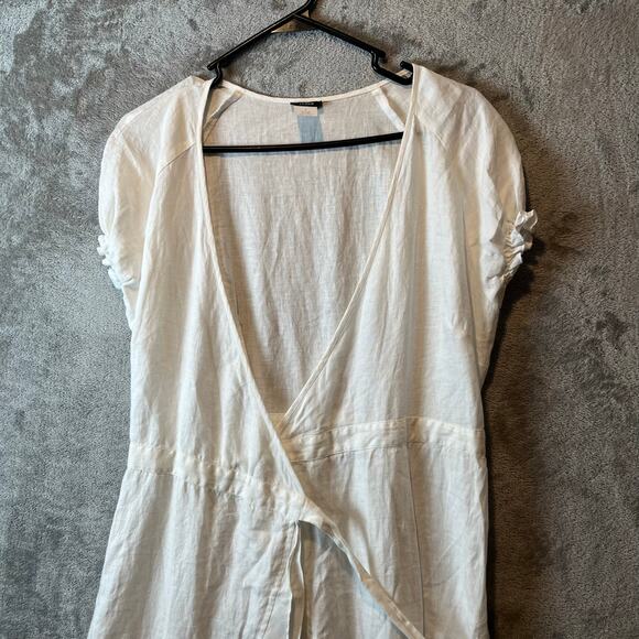 J. Crew White Short Sleeve Ruffled Wrap Dress Cover Up 100% Linen Womens Size 6 - Picture 2 of 7